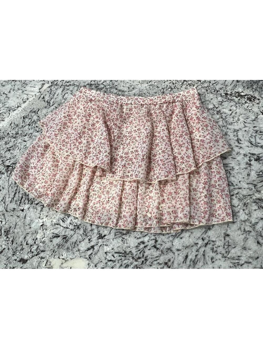 Altar'd State Womens Medium Pink Floral Tiered Ruffle Mini Skirt G1200Y313JD New